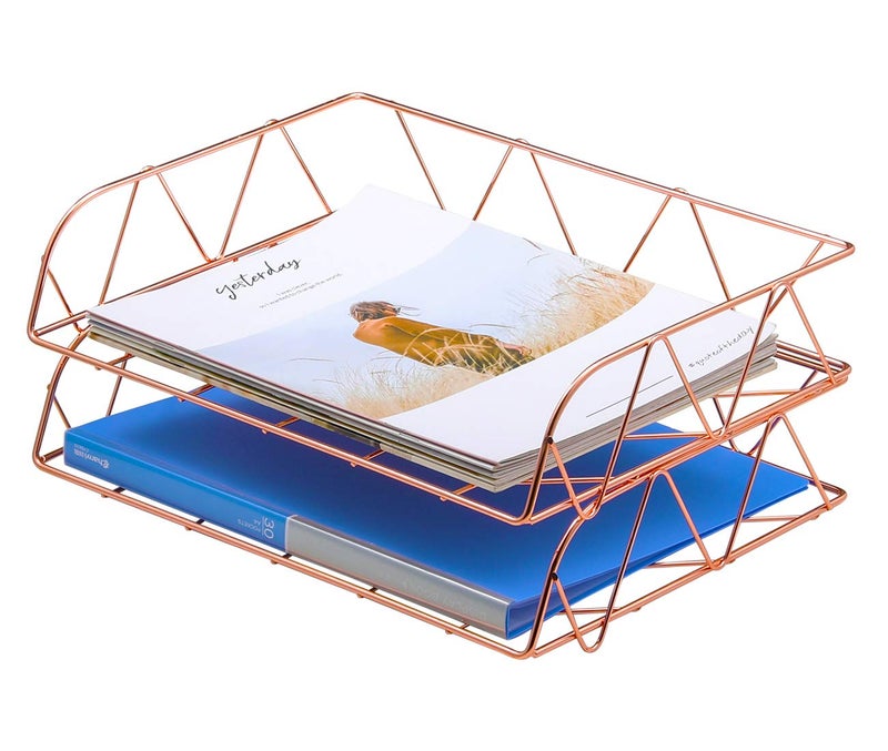 PAG 2 Packs Desktop File Organizer Metal Stackable Horizontal Letter Tray Paper Holder Rack, Rose Gold - Image 2